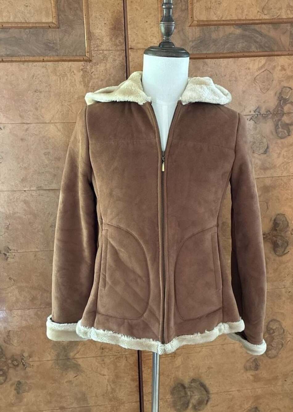 Jones New York Jacket Size S Brown Faux Suede Sherpa Hooded